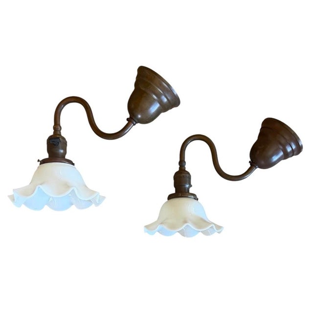 Rare Antique Brass and Wavy Milk Glass Wall Sconces - A Pair For Sale In Los Angeles - Image 6 of 8