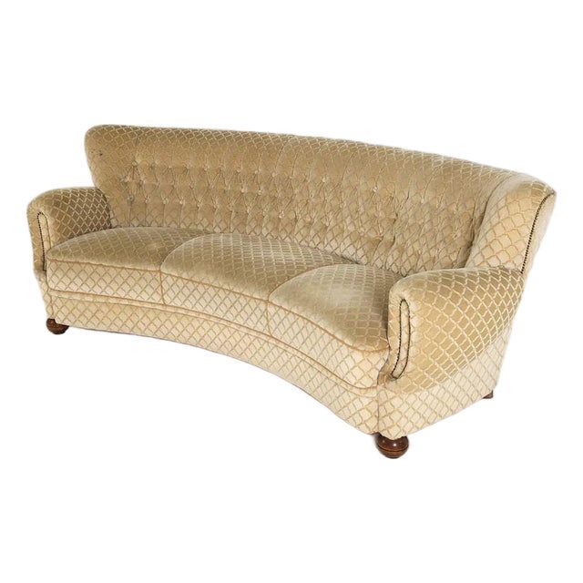 1950s Art Deco Danish Curved Banana Sofa W Textured Mohair Type Upholstery For Sale