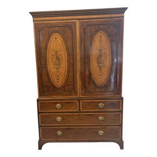 Antique Georgian Mahogany Satinwood Inlaid Linen Press Housekeepers Wardrobe, 1800 For Sale