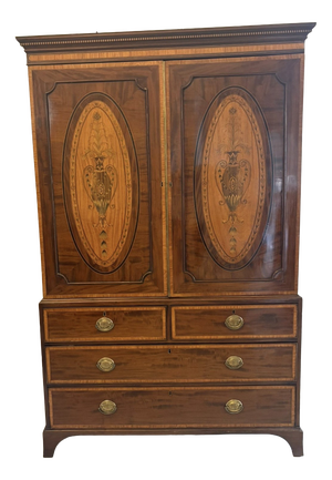 Antique Georgian Mahogany Satinwood Inlaid Linen Press Housekeepers Wardrobe, 1800