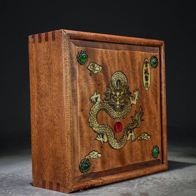Wood Vintage Chinese Huali Wood Jewelry Box With Gemstone & Mother of Pearl Dragon Inlay For Sale - Image 7 of 8