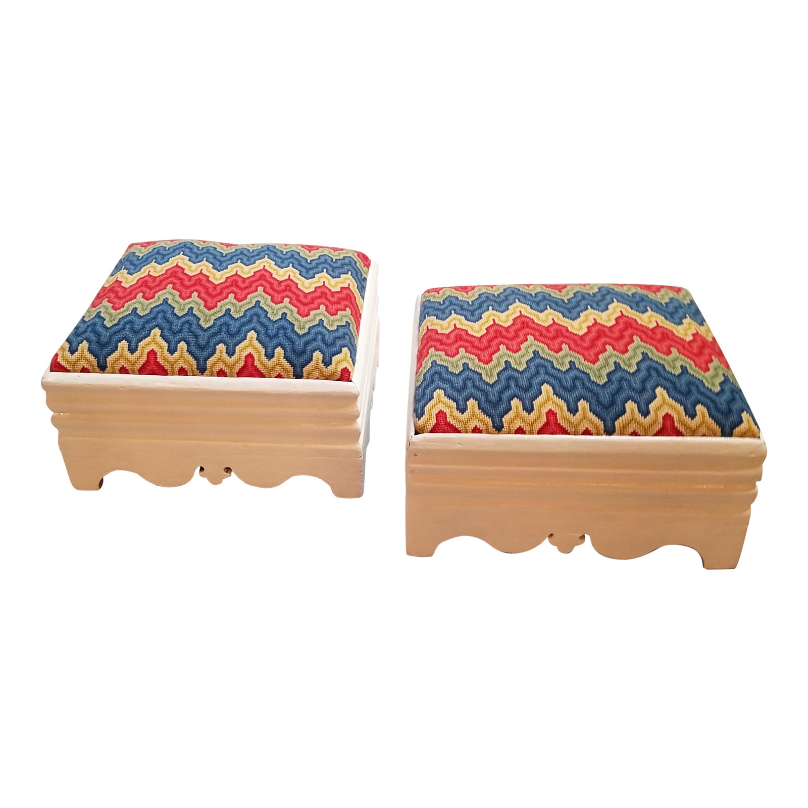 White Victorian Footstools With Colorful Handmade Flamestitch