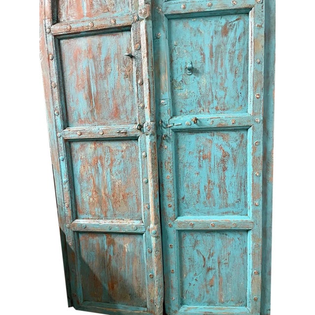 1920s Antique Indian Doors Arched Mehrab Electric Blue Teak Wood Doors 87 For Sale - Image 5 of 5