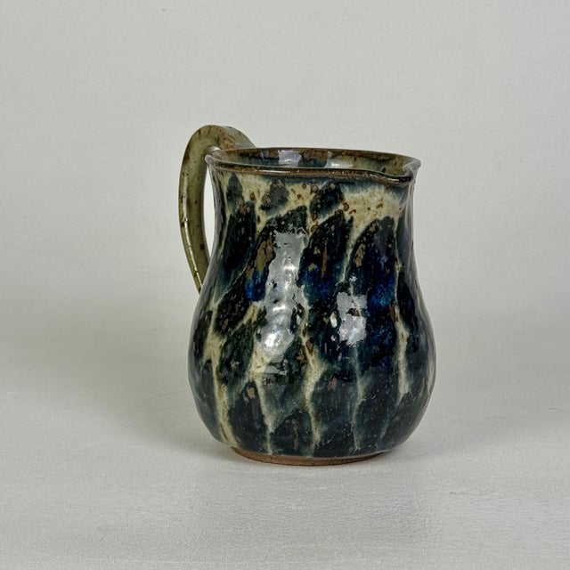 American Vintage Hand Made Studio Pottery Pitcher With Navy Oval Polkadots For Sale - Image 3 of 9