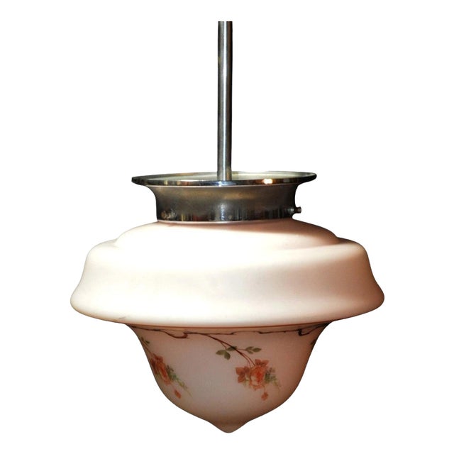 Art Deco Floral Glass Pendant Light with Chrome Fittings, 1930s For Sale
