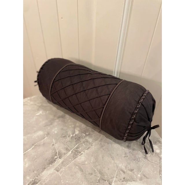 Vintage Custom Black Round Bolster Pillow With Diamond Pique Pattern For Sale - Image 4 of 8