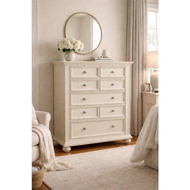 Wood Late 20th Century Tall Cream-Painted Paneled Dresser With Eight Drawers and Turned Feet For Sale - Image 7 of 7