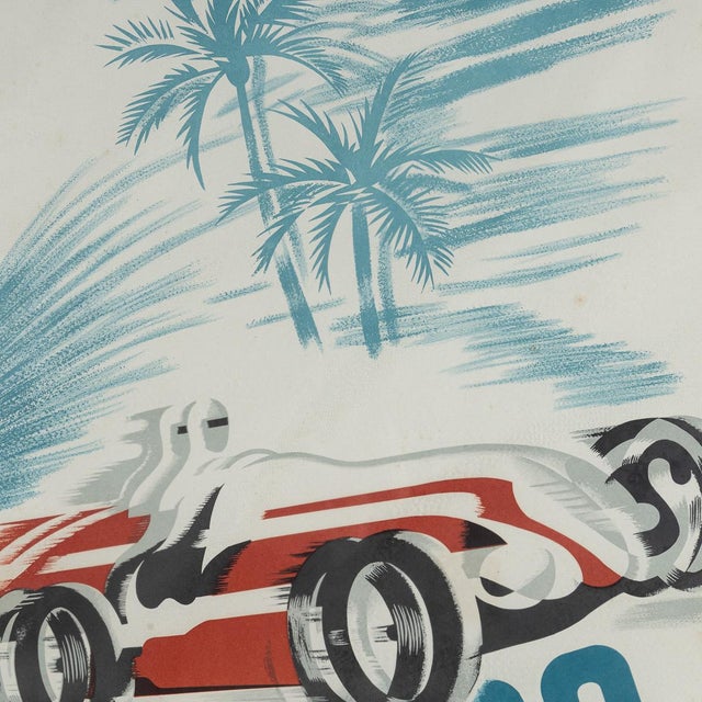 A superb vintage 20th century framed poster by bernard minnie, depicting a stylised alfa romeo speeding through the...