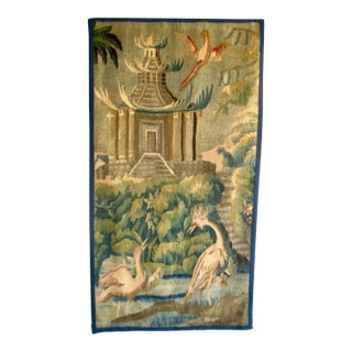French Aubusson Chinoiserie Verdure Tapestry Pagoda and Three Birds 18 Century For Sale