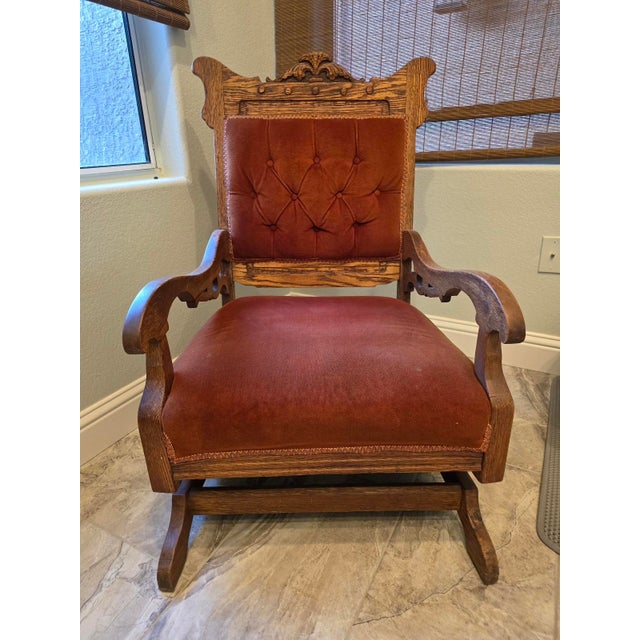 Victorian Antique Late Victorian Quarter Sawn Oak Platform Rocker – Tufted Rust Velvet Accent Rocking Chair For Sale - Image 3 of 10