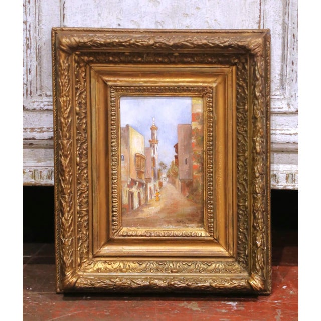 Mid 19th Century Mid-19th Century French Street Scene Oil on Board Painting in Carved Gilt Frame For Sale - Image 5 of 7