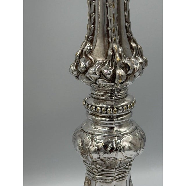 Silver Pair of Baroque Revival Sterling Silver Candlesticks With Figural Tripod Bases For Sale - Image 8 of 15