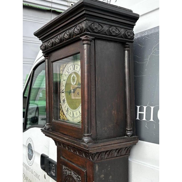 8 Day Longcase Clock in Carved Oak Case For Sale - Image 8 of 14