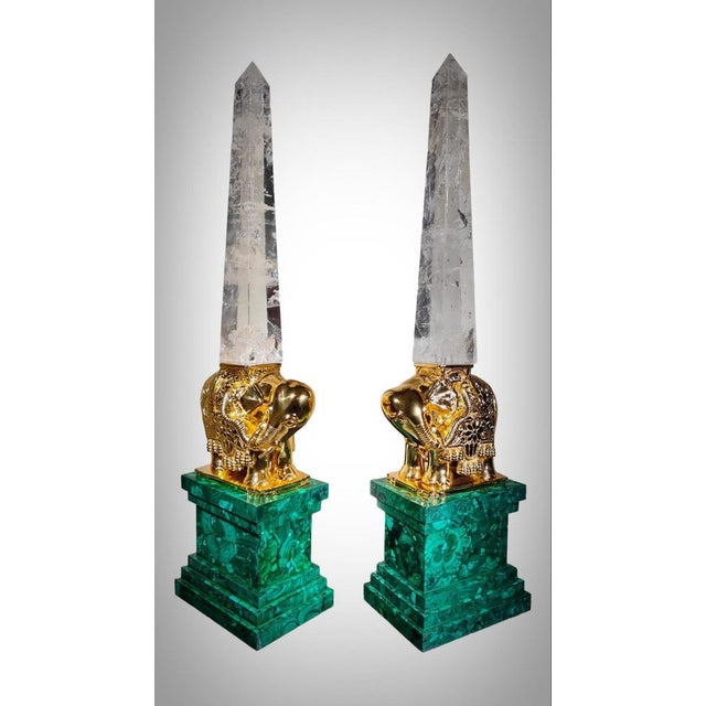 Monumental Malachite Obelisks in Malachite Quartz and Gilt Bronze, 1950, Set of 2 For Sale - Image 6 of 17