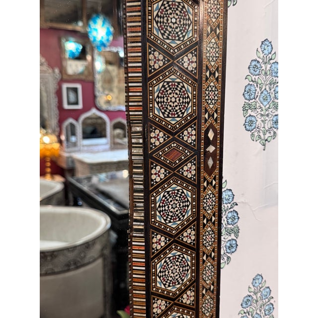 Wood Vintage Marquetry Wood Inlay Mirror With Mother-of-Pearl Details For Sale - Image 7 of 8