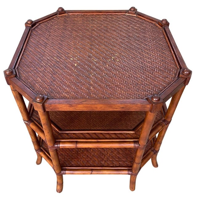 Brown American 3-Tier Octagonal Faux Bamboo Side Table Woven Rattan Top For Sale - Image 8 of 10
