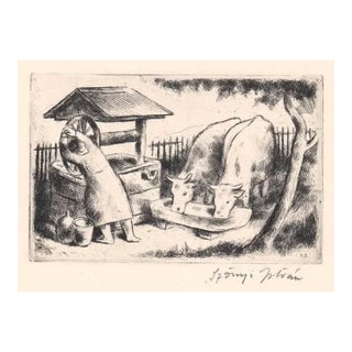 István Szőnyi Watering Bulls Etching For Sale