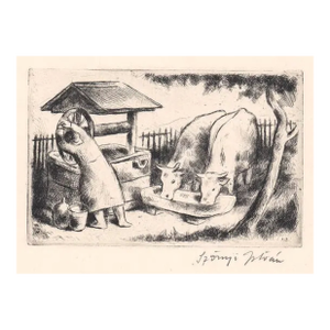 István Szőnyi Watering Bulls Etching