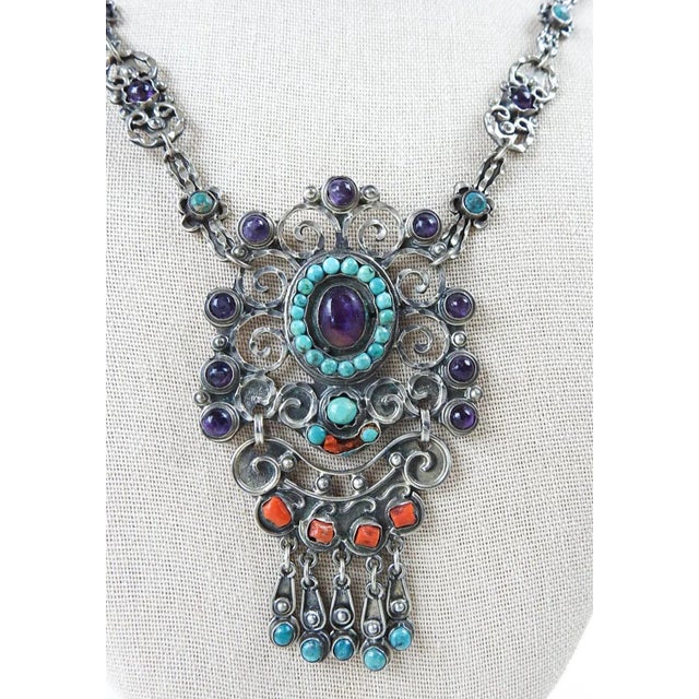 Mexican Vintage Morales Matl Style Sterling Amethyst Turquoise Coral Necklace For Sale - Image 3 of 11