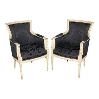 Pair Attributed Maison Jansen French Louis XVI Style Distressed Painted Bergeres For Sale