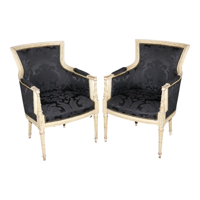 Pair Attributed Maison Jansen French Louis XVI Style Distressed Painted Bergeres For Sale