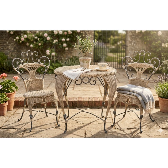 French Provincial Style Wicker & Cast Iron Bistro Set For Sale In Los Angeles - Image 6 of 6