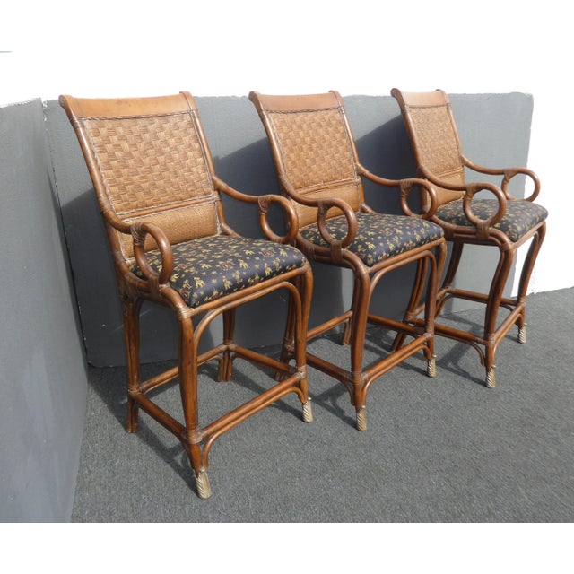 Tiki Palm Beach Style Black & Brown Bamboo Rattan Bar Stools Set of 3