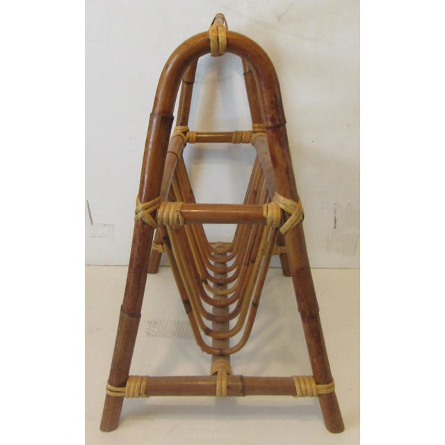 Mid-Century Modern Bamboo A-Frame Magazine Rack Measures 16" long, 10 3/4" wide and 18" tall. The inside width is 4 1/2",...