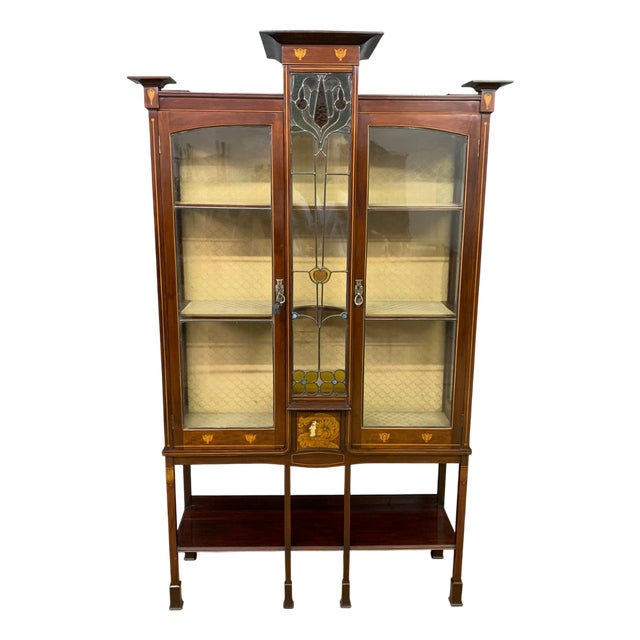 Arts and Crafts Inlaid Mahogany Display Cabinet, 1900 For Sale