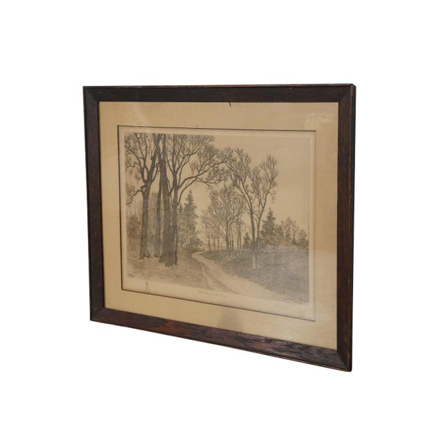 Late 19th century black and white etching by L.H. King titled "The Path in the Forest." Landscape showing a dirt road...