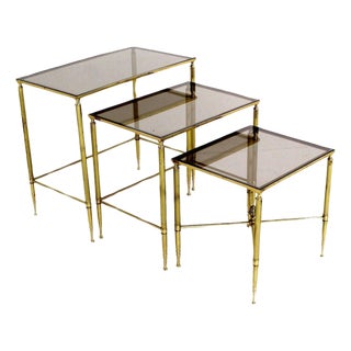 Solid Brass Smoked Glass Set of Three Nesting Stacking Side Occasional Tables For Sale