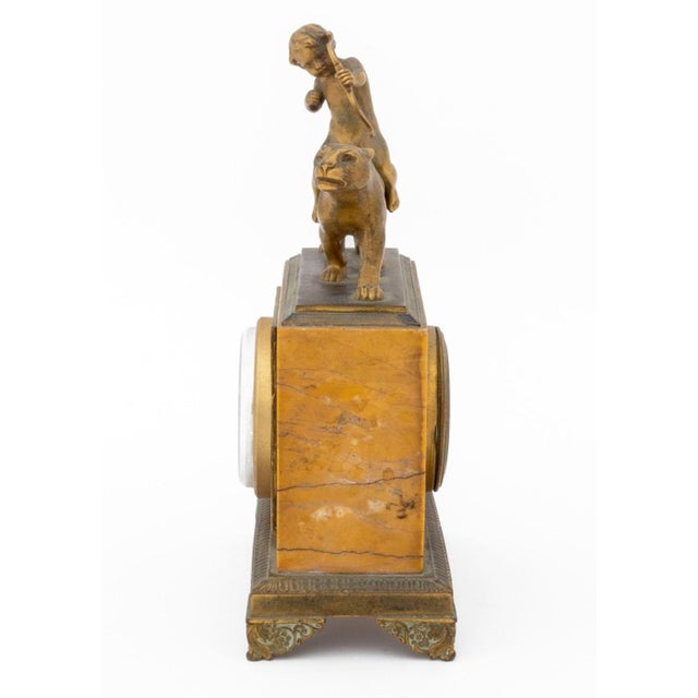 Early 20th Century French Empire Style Cupid Riding Panther Gilt Metal and Marble Mantel Clock For Sale - Image 5 of 7