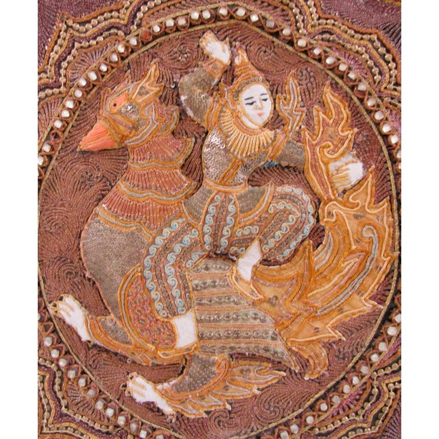 Framed Antique Myanmar Thai Burmese Kalaga Padded Tapestry With Phoenix Bird For Sale In Miami - Image 6 of 13
