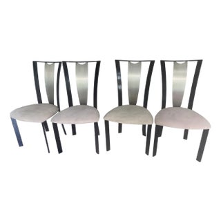 Set of 4 Modern Dining Chairs With Brushed Metal Backs For Sale
