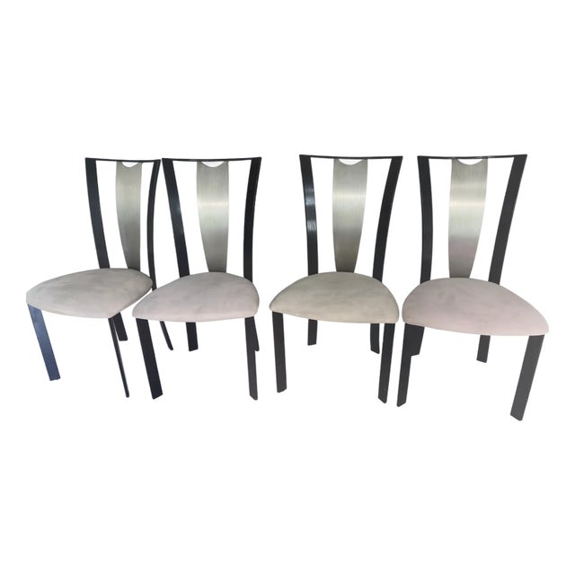 Set of 4 Modern Dining Chairs With Brushed Metal Backs For Sale