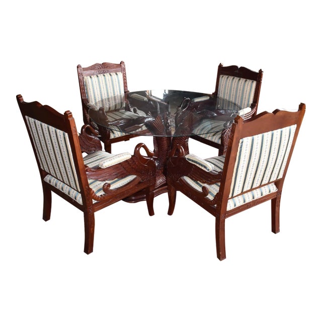 Vintage Carved Dining Set Table 4 Chairs Glass Top, Koi/Fish Swan Carved Dining Set Table- Set of 6 For Sale