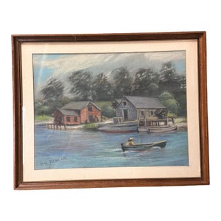 Vintage Rustic Riverside Landscape Framed Pastel Watercolor Painting With Boat For Sale