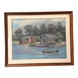 Vintage Rustic Riverside Landscape Framed Pastel Watercolor Painting With Boat
