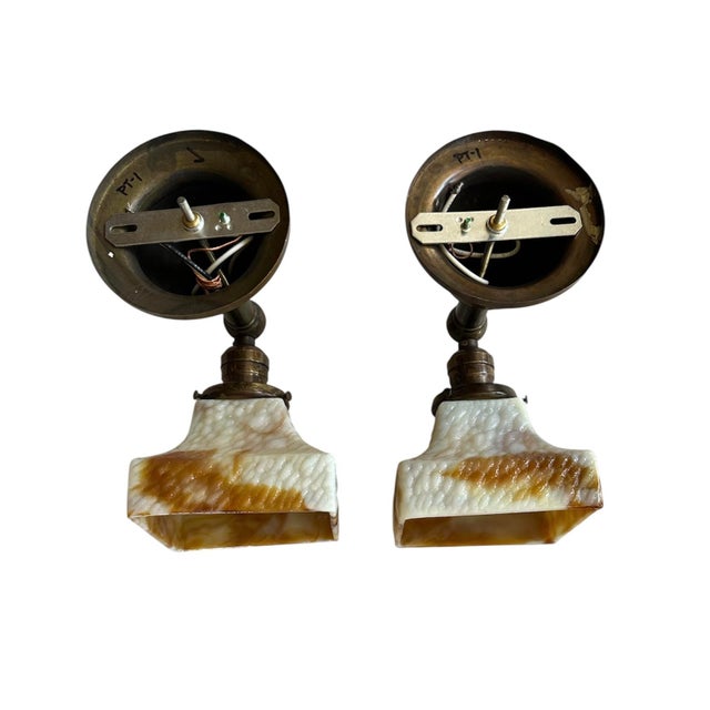 Circa 1910’s Pair of Caramel Slag Glass Sconces on Brass Holders For Sale - Image 4 of 5