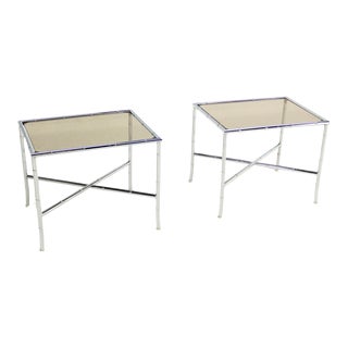 Faux Bamboo X Shape Bases Chrome and Smoked Glass End Tables - A Pair For Sale