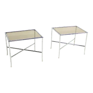 Faux Bamboo X Shape Bases Chrome and Smoked Glass End Tables - A Pair
