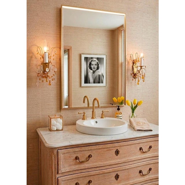 French Wall Sconces in Brass and Amber Crystals, 1960s, Set of 2, in Very Good conditions. Designed 1960 to 1969 European...