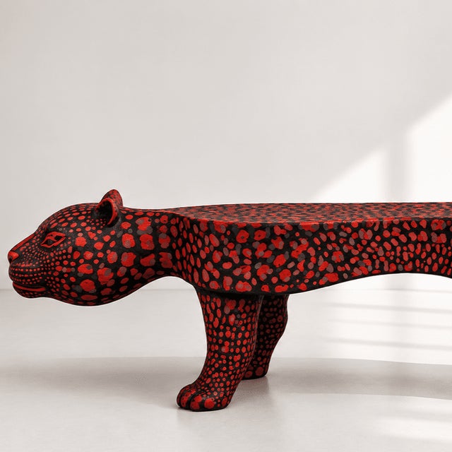 Handmade Sculptural Leopard Bench,Red & Black Design For Sale - Image 4 of 7