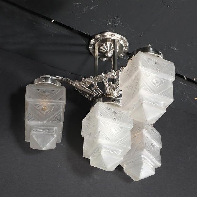 Art Deco Skyscraper-Style Nickeled Bronze & Frosted Glass 4-Arm Chandelier For Sale - Image 13 of 13