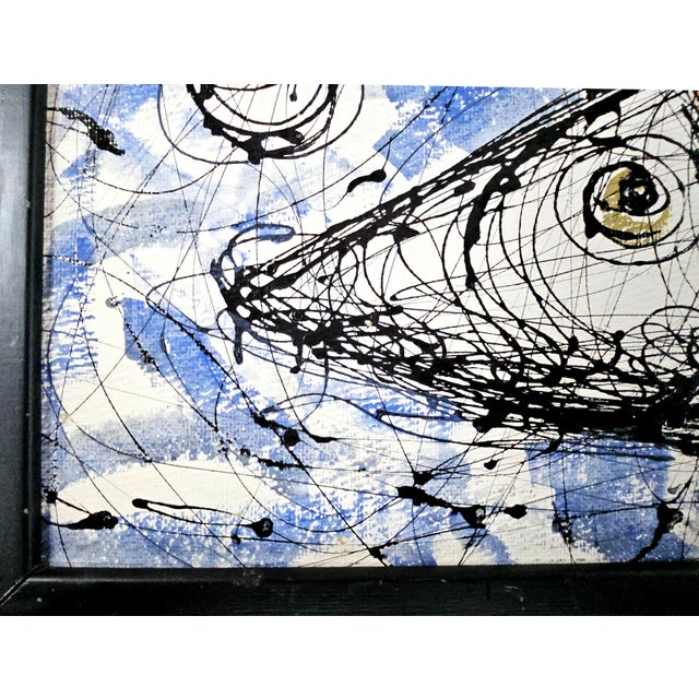 Late 20th Century Mid-Century Modernist Painting of Stylized Fish and Sailfish Yachts For Sale - Image 5 of 10