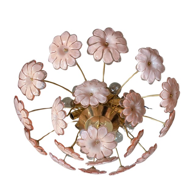 1960s Murano Glass Flush Mount Ceiling Light With Pink Flowers For Sale - Image 4 of 10