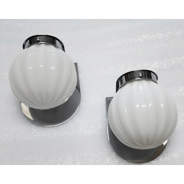 Art Deco Vintage Art Deco Light Old Lamp Wall Sconces Fixture Brass & Ribbed Milk Glass Shade Ship Light Lamp - Pair For Sale - Image 3 of 5