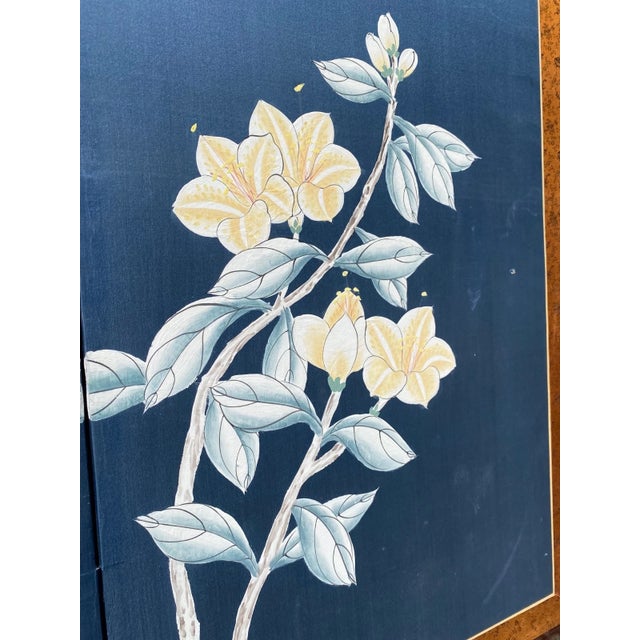 Large Vintage Hand Painted Showa Era Japanese Byobu Folding Silk Screen MCM Signed Blue Gold Floral 72" For Sale - Image 11 of 11