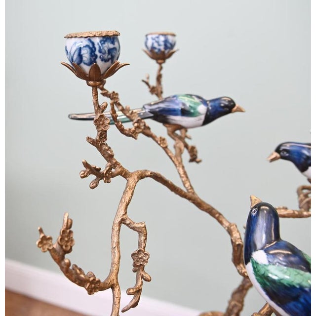 Ceramic Blue and White Porcelain Candleholder in Exotic Bird Branch Shape For Sale - Image 7 of 7