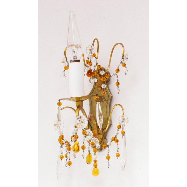 Metal French Wall Sconces in Brass and Amber Crystals, 1960s, Set of 2 For Sale - Image 7 of 10